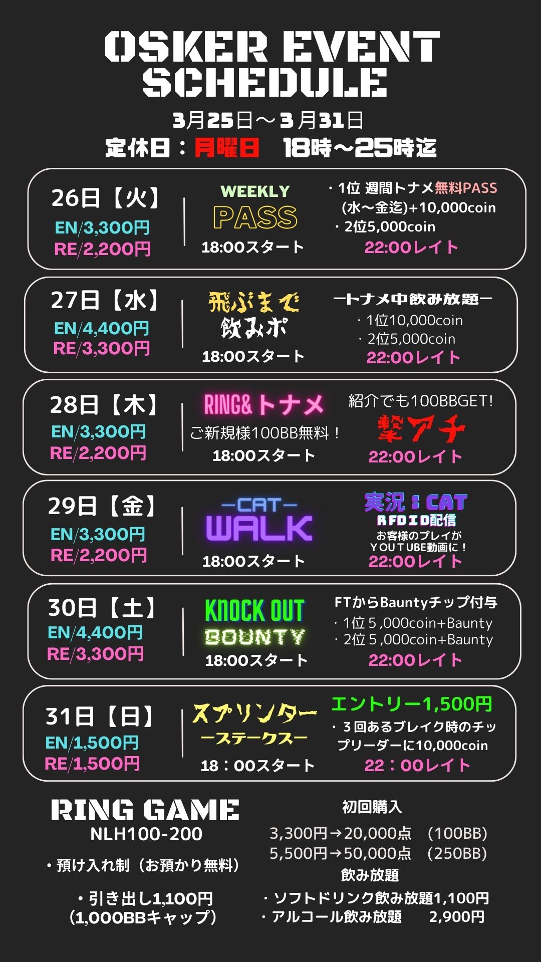 ３月ラストの一週間！駆け抜けていきましょう！三月最終日の日曜日はスプリンターステークス！ブレイク時のチップリーダーがそのままプライズに！お見逃しなく！