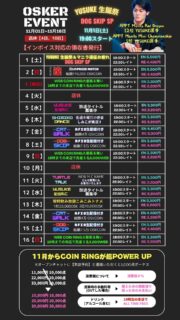 11月でございます！今月の当店は更なるPOWER UP!平日の実況放送M.Cが追加！【火曜KAME、水曜YUSUKE、木曜SHIMIKO】が登壇致します！コインリングシステムもさらに遊び安くなりました！１日のバースデイイベントからフルスロットルです！よろしくお願いいたします！